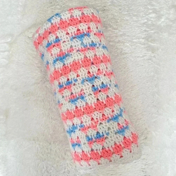 Vintage - Handmade Pastel Pink Blue White Crochet Blanket - Picture 3 of 4